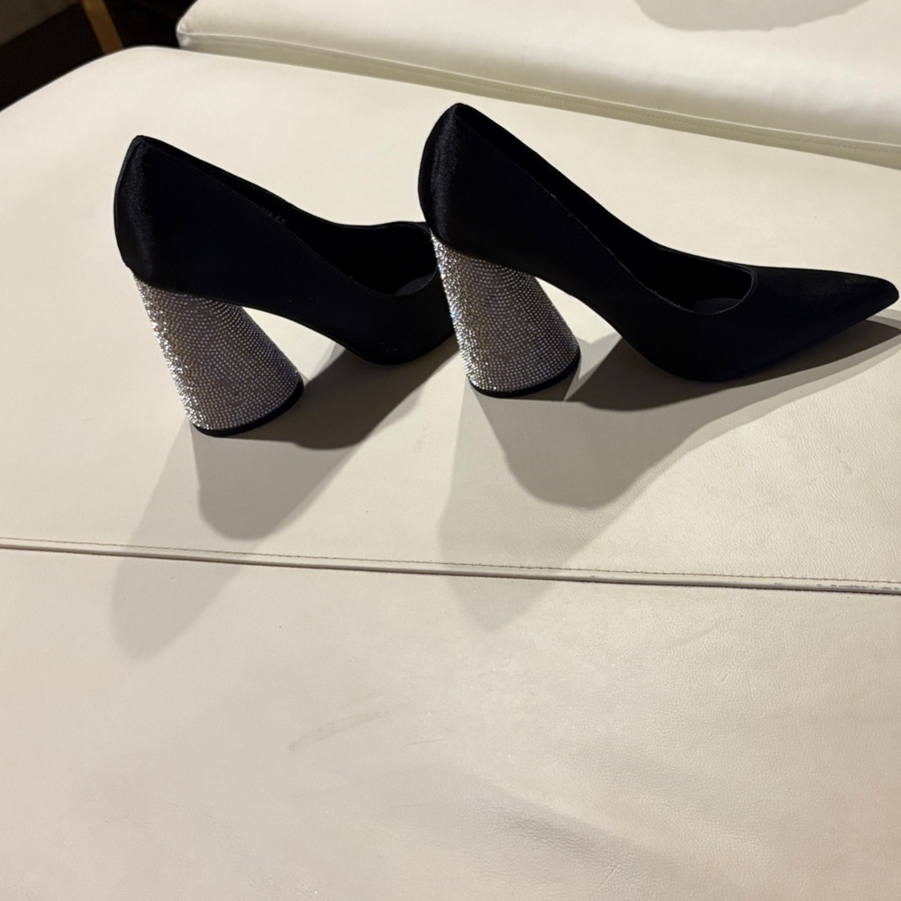Black Satin Pointed Toe Pumps with Crystal Block Heels